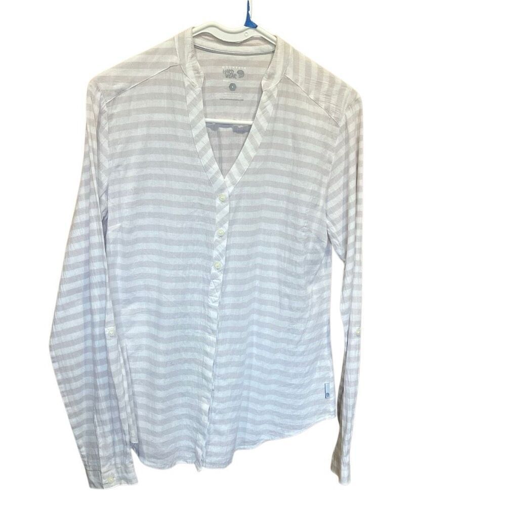 Mountain Hardware 100% Cotton Striped V-Neck Button Down Roll Tab Top Sz 6 #777